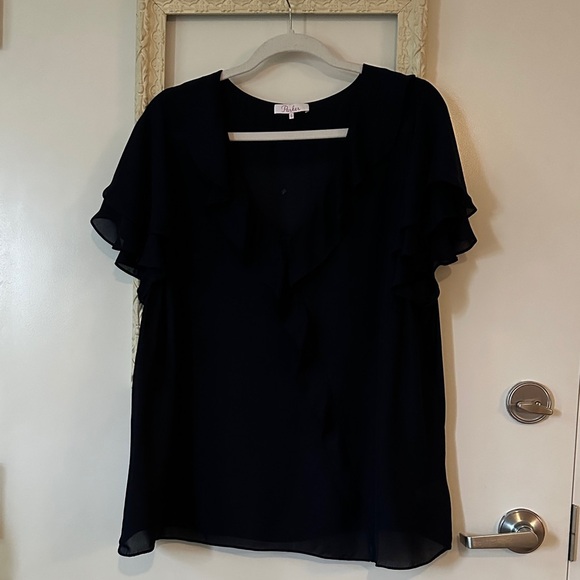 PARKER | Silk Dark Blue Ruffle Short Sleeve Blouse - Picture 2 of 11